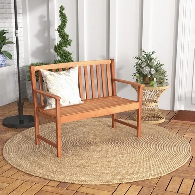 Tangkula Patio Wood Bench 2-Seat Outdoor Bench W/ Cozy Armrests & Backrest 3 Tangkula Patio Wood Bench 2-Seat Outdoor Bench W/ Cozy Armrests & Backrest