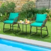 Tangkula 3 Pieces Outdoor Furniture Set Patio Bistro Set W/2 Armchairs & Tempered Glass Table White/Turquoise/Red