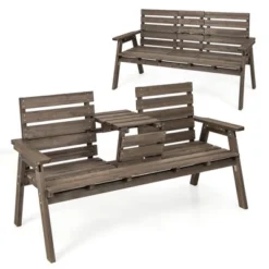 Tangkula Outdoor Fir Wood Bench W/ Foldable Middle Table W/ Backrest & Armrests -Tangkula GUEST 46bb37e8 2670 4bc0 af3c d56263563abc