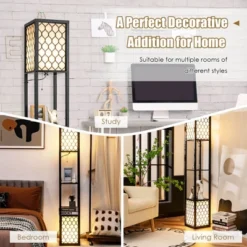 Tangkula Modern Shelf Floor Lamp, Freestanding Double Lamp W/ 2-Tier Wood Shelf & White Lampshade, E26 Bulb Base, Pull Chain & Foot Switch -Tangkula GUEST 46c8e7f4 97b5 4a9a bd24 036e803376f5