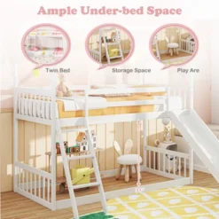 Tangkula Twin Over Twin House Bunk Bed W/ Slide Solid Wood Low Bunk Bed For Kids White -Tangkula GUEST 46fdd004 7499 48b2 8ce0 ea14d9795958