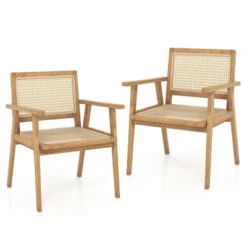 Tangkula 2PCS Wood Chair Teak Wood Armchair W/ Rattan Seat & Curved Backrest Dining Chair Patio -Tangkula GUEST 4715a28a a84c 42d4 be4d 97c3f175e63e