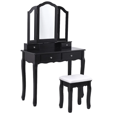 Tangkula Removable Tri-folding Mirror Vanity Table Unit Makeup Set W/ Stool & 4 Drawers 9 Tangkula Removable Tri-folding Mirror Vanity Table Unit Makeup Set W/ Stool & 4 Drawers - Image 7