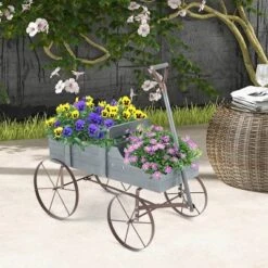 Tangkula Tangkula Wooden Garden Flower Planter Wagon Plant Bed W/ Wheel Garden Yard Gray
