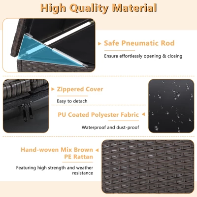 Tangkula 175 Gallon Deck Storage Box Outdoor Mix Brown Wicker Storage Bin W/ Zippered Liner & 2 Universal Wheels Safe Pneumatic Rod 6 Tangkula 175 Gallon Deck Storage Box Outdoor Mix Brown Wicker Storage Bin W/ Zippered Liner & 2 Universal Wheels Safe Pneumatic Rod - Image 4