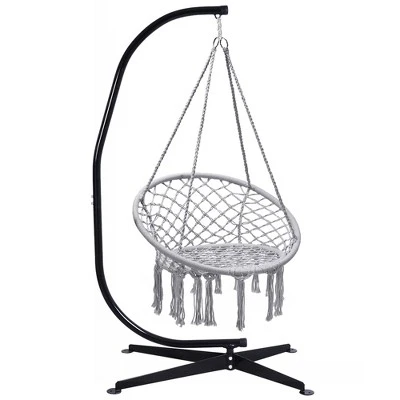 Tangkula Hammock Chair Hanging Cotton Rope Macrame Swing Chair W/ Stand Gray 6 Tangkula Hammock Chair Hanging Cotton Rope Macrame Swing Chair W/ Stand Gray - Image 4