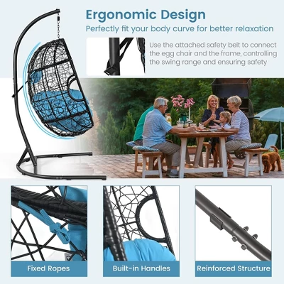 Tangkula Hanging Hammock Chair Egg Swing Chair W/ Blue Cushion Pillow Stand 6 Tangkula Hanging Hammock Chair Egg Swing Chair W/ Blue Cushion Pillow Stand - Image 4
