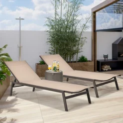 Tangkula 2PC Patio Chaise Lounger With 6-Postion Adjustable Backrest And Breathable Fabric Brown