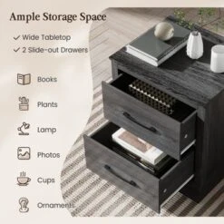 Tangkula Set Of 2 Drawer Nightstand Bedside Table Compact Sofa End Table Oak Dark Grey