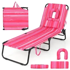 Tangkula Beach Chaise Lounge Chair W/ 5-Position Adjustable Backrest & Face Hole Pillows Pink -Tangkula GUEST 4a507d73 d05a 4feb 8e86 68c262597ca9
