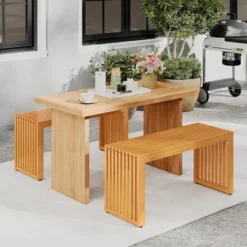 Tangkula 2 PCS 36 Inch Patio Bench All-Slat Acacia Wood Loveseat For 2 People 800 Lbs Capacity