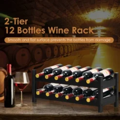 Tangkula 2-Tier Bamboo Drinks Rack 12 Bottles Display Storage Shelf Holder Kitchen Coffee -Tangkula GUEST 4b0c5806 a8a4 449e a42a eab53211af13