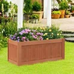 Tangkula Hardwood Outdoor Planter Box W/ Seat 2-in-1 Wooden Raised Garden Bed & Bench