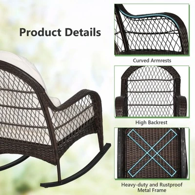 Tangkula 2PCS Patio Wicker Rocking Chair W/ White Seat Cushions & Lumbar Pillow Porch 4 Tangkula 2PCS Patio Wicker Rocking Chair W/ White Seat Cushions & Lumbar Pillow Porch - Image 2