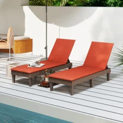 Tangkula 2PCS Patio Lounge Chair Recliner Chair W/ 3-Position Adjustable Backrest & Cushion Brown & Orange