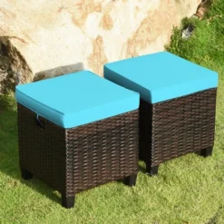 Tangkula Set Of 2 Patio Rattan Ottoman Footrest Garden Outdoor W/ Brown/Turquoise/Navy Cushion -Tangkula GUEST 4c7110db 61cb 4898 846c 33749cba105f