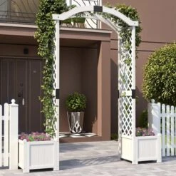 Tangkula Garden Arbor W/ Planter Wooden Planter Arch W/ Trellis White