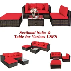 Tangkula 5PCS Rattan Sectional Sofa Set Patio Furniture Set W/ Red Cushion Pillow -Tangkula GUEST 4d06ef64 fb9d 4ace 9059 c4703b52f548