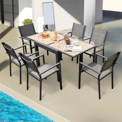 Tangkula 31.5"-63" Expandable Patio Dining Table Aluminum Outdoor Table W/ 4 Foot Fixing Parts Slatted Table Top 4 Tangkula 31.5"-63" Expandable Patio Dining Table Aluminum Outdoor Table W/ 4 Foot Fixing Parts Slatted Table Top - Image 2
