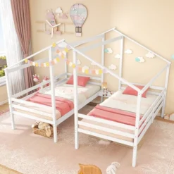Tangkula Double Twin Size Bed Frames For Kids With Built-in Table & USB Port Guardrails