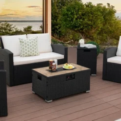 Tangkula 32"x 20" Propane Rattan Fire Pit Table Set W/ Side Table Tank & Cover 40,000 BTU