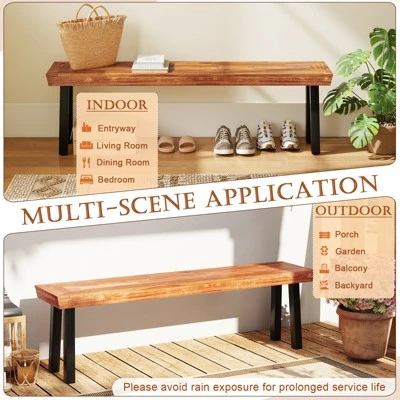 Tangkula Outdoor Acacia Wood Benches Set Of 2 W/ Slatted Top & Flared Metal Legs 8 Tangkula Outdoor Acacia Wood Benches Set Of 2 W/ Slatted Top & Flared Metal Legs - Image 6