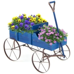 Tangkula Tangkula Wooden Garden Flower Planter Wagon Plant Bed W/ Wheel Garden Yard Blue -Tangkula GUEST 4fe4a3d4 733d 4d93 a907 f44219df0032