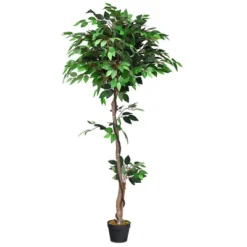 Tangkula Artificial Ficus Silk Tree Wood Trunks Green 5.5 Feet Holiday Decoration