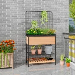 Tangkula Raised Wooden Garden Bed With Metal Trellis 59” Elevated Planter Box With Open Storage Shelves Removable Grid Divider