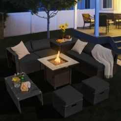 Tangkula 9 Pieces Outdoor PE Rattan Wicker Sectional Sofa With 42" Gas Fire Pit Table Space-Saving Patio Conversation Set With Storage Box Black/Grey/Navy/Red/Turquoise/Off White