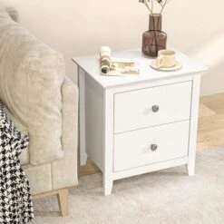 Tangkula 2PCS Modern Nightstand W/ Storage 2 Drawers And Support Legs For Bedroom White