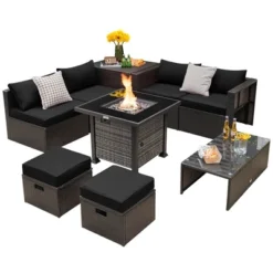 Tangkula 9 Pieces Furniture Set W/ 50,000 BTU Propane Fire Pit Table Patio Black -Tangkula GUEST 53d0d500 b1a0 4ef0 b4f2 2f74519792c3