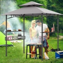 Tangkula 8 X 5 FT Outdoor Grill Gazebo Double Tiered BBQ Canopy Tent W/ 2 Side Shelves 20 Hooks Bottle Opener & Storage Basket