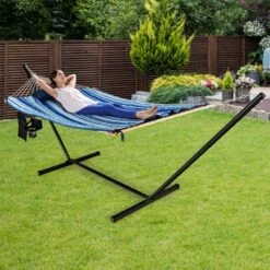 Tangkula 12Ft Hammock With Heavy-Duty Steel Stand, Woven Hammock Chair Set, Portable Hammock With Beech Wood Bar & Cotton Mat
