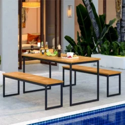 Tangkula Patio Dining Bench Set Of 2, 2-3-person Backless Bench With Slatted Seat & Metal Legs Outdoor Bench For Entryway Garden Poolside Natural -Tangkula GUEST 54a46078 e218 43b6 a78f 46981dbfd87a