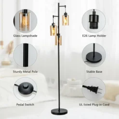 Tangkula 3 Lights Floor Lamp Retro Floor Lamp With 3-Head Hanging Amber Glass Shade Foot Switch Metal Base Industrial Floor Lamp Black -Tangkula GUEST 554a47b7 2296 4e98 a7ab 1c41ab83d4d5