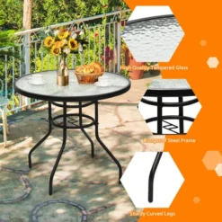 Tangkula Patio Round Table Patio Furniture Steel Frame Dining Table W/ Glass Top -Tangkula GUEST 555921be 3099 438f b343 baeffe278ea6