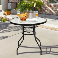 Tangkula Patio Round Table Patio Furniture Steel Frame Dining Table W/ Glass Top -Tangkula GUEST 559f2c77 88d7 4074 bfa0 879a64056cff