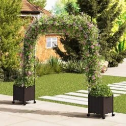 Tangkula 6.6 FT Arch Arbor Trellis W/ 2 Planter Boxes Garden Pergola Arbor W/ Detachable PE-Coated Metal Tubes Self-Watering System & Lockable Wheels