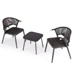 Tangkula Set Of 3 Rattan Furniture Set Quick Dry Foam Padded Chairs W/Tempered Glass Tabletop Wicker Seat & Rope Woven Back Black -Tangkula GUEST 56b626d0 d45a 4722 8115 9dd24de4d323