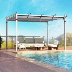 Tangkula 12' X 10' Outdoor Pergola W/ Retractable Canopy Aluminum Frame Anchors Patio
