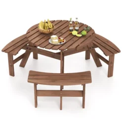Tangkula 6-Person Round Picnic Table Set W/ 3 Built-in Benches 2" Umbrella Hole -Tangkula GUEST 597ccb7b 951d 42e6 8571 b5acd92af59d