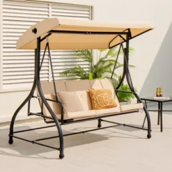 Tangkula 3-Seat Outdoor Converting Patio Swing Glider Adjustable Canopy Porch Swing