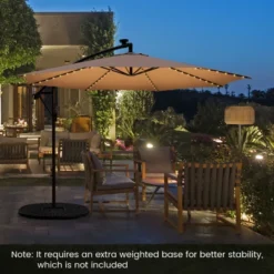 Tangkula 10FT Solar Offset Umbrella Tilted Cantilever Hanging Umbrella With 112 LED Lights Patio Sun Shade With Crank Handle Beige/Coffee/Navy/Red