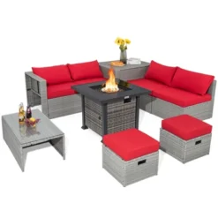 Tangkula 9 Pieces Outdoor Patio Furniture Set W/ 32" Propane Fire Pit Table Sectional Sofa Set W/ Storage Box Black/Gray/Navy/Red/Turquoise/Off White -Tangkula GUEST 5af823c5 911d 4ded 9653 669a6726bb59