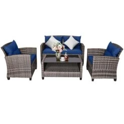 Tangkula 4PCS Rattan Furniture Set Coffee Table Cushioned Sofa Garden Lawn Patio Navy -Tangkula GUEST 5b4dda49 bd39 4789 8212 2b84793fec78