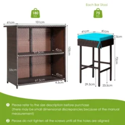 Tangkula 3PCS Patio Wicker Rattan Bar Set Table W/2 Turquoise Cushioned Stools -Tangkula GUEST 5c54ae17 d0db 4969 adc2 5e598a2513ba