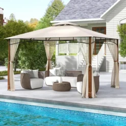 Tangkula 12' X 10' Outdoor Patio Gazebo W/ Netting 2-Tier Canopy Roof Metal Frame