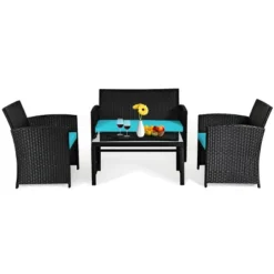 Tangkula 4 Piece Outdoor Patio Rattan Furniture Set Turquoise Cushioned Seat For Garden, Porch, Lawn -Tangkula GUEST 5dbf54e7 f7d5 4600 92b5 aa897a0c9b26
