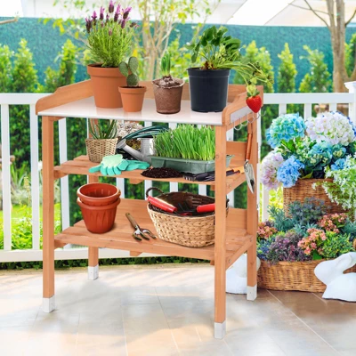 Tangkula Garden Wooden Potting Bench Work Station Table Tool W/5 Hooks Non-Slip Potting Tables Storage Shelf With Protective Footpads 3 Tangkula Garden Wooden Potting Bench Work Station Table Tool W/5 Hooks Non-Slip Potting Tables Storage Shelf With Protective Footpads